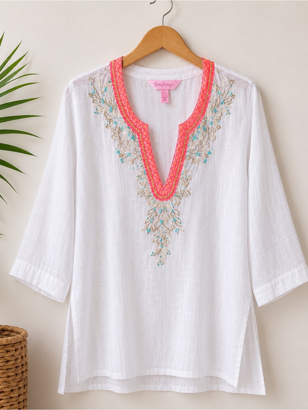 Lilly Pulitzer White Tunic Cover-Up with Coral Pink V-Neck Trim - Picture 3 of 8